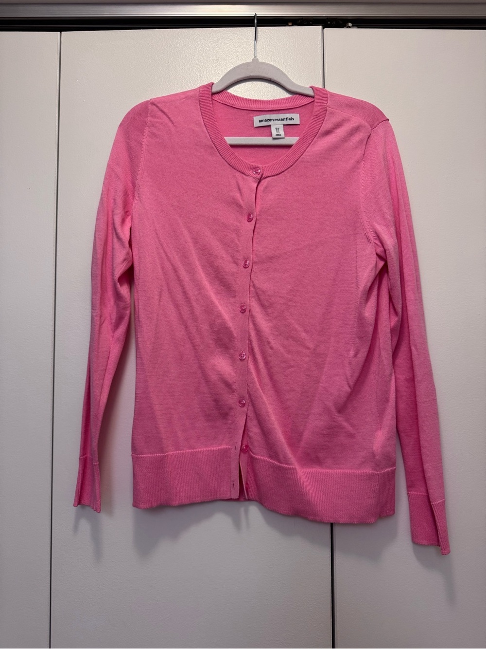 Amazon Essentials Women's Pink Button-Front Crewneck Cardigan